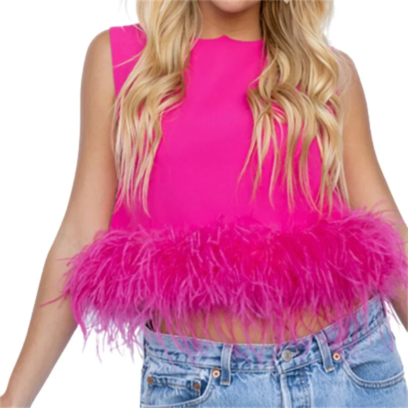 wsevypo Vintage Feather Hemline Women Tank Tops Elegant Summer Sleeveless Round Neck Crop Tops Solid Color Vest Purple/Rose Red