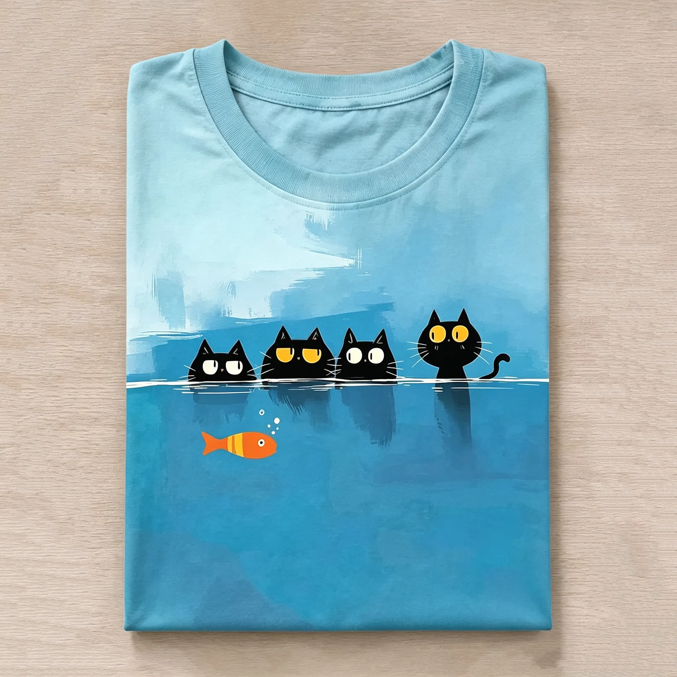 Fun Cat And Fish Ocean Print Crew Neck Short Sleeve T-shirt elevenforest