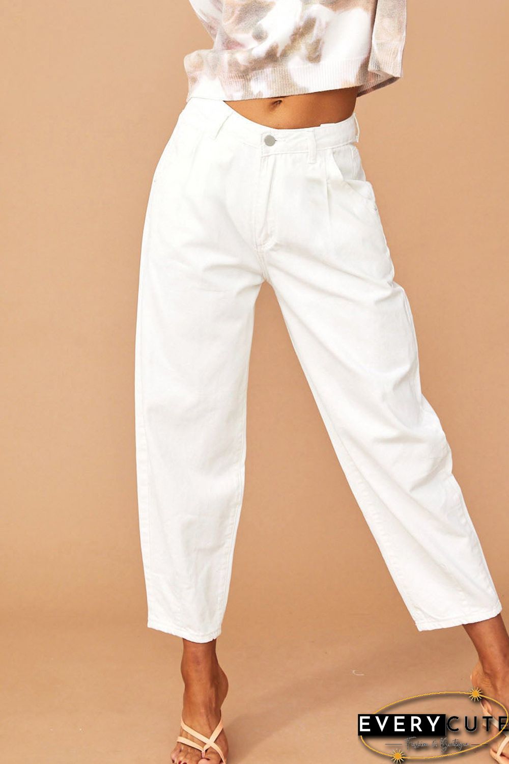 White Solid High Waist Casual Pants