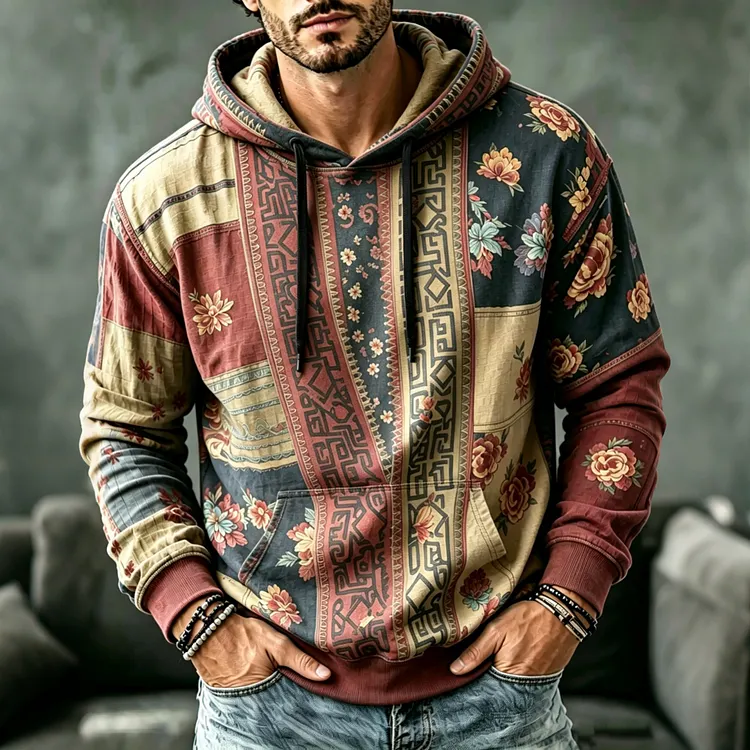 Men's Vintage Fw  Bohe Floral In Patchwork Art Print Hoodie