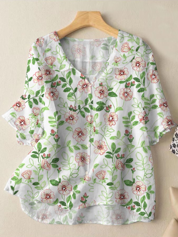 Women's Retro Floral Design Doll Neck Casual Shirt