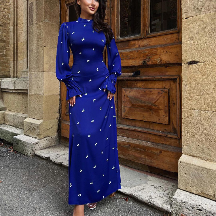 Ootddress Printed Bandage Fashion Long Dress Ladies Elegant Satin High Street Party Dress Casual Long Sleeve Patchwork Maxi Dress