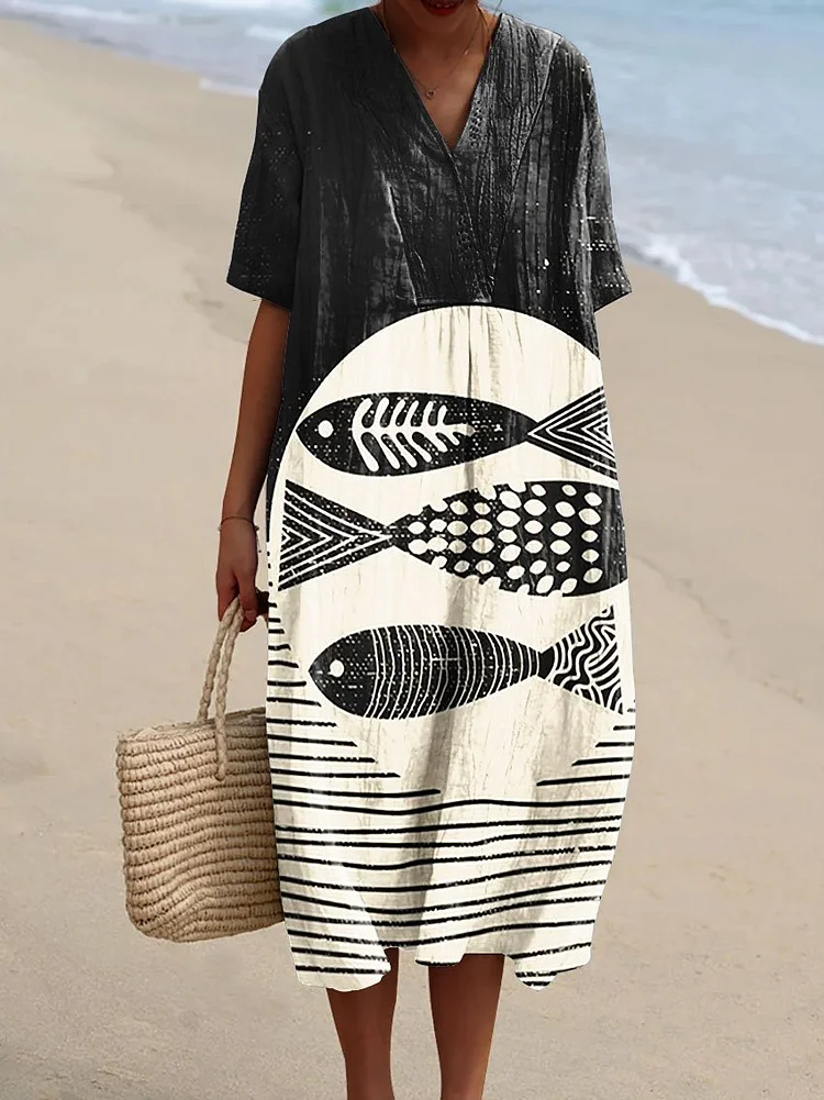 Women's Vintage Fish Art Print Flowy Dress