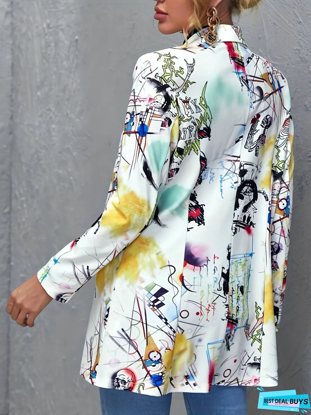 Graphic & Art Print Blazer, Casual Long Sleeve Blazer For Spring & Fall, Women's Clothing