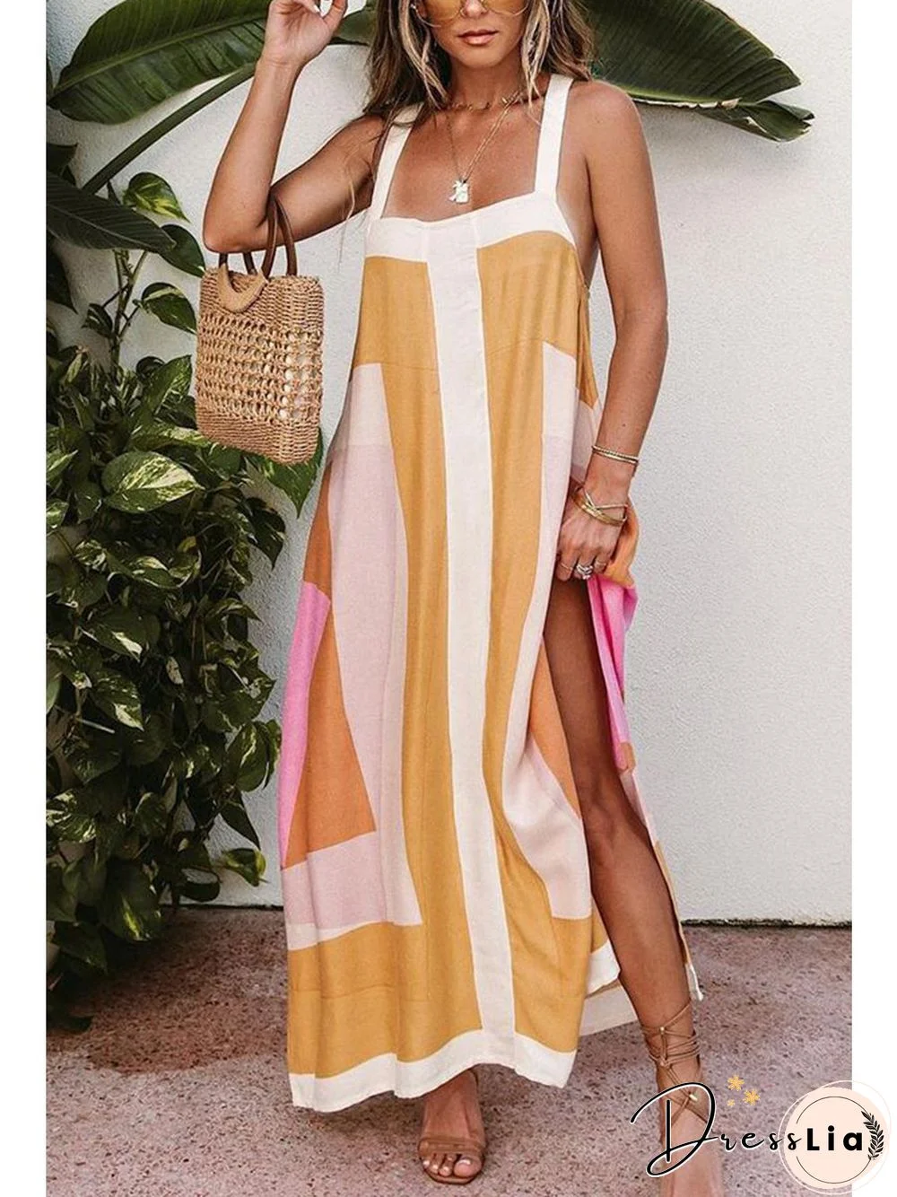 Color Block Stitching Holiday Maxi Dress P10902