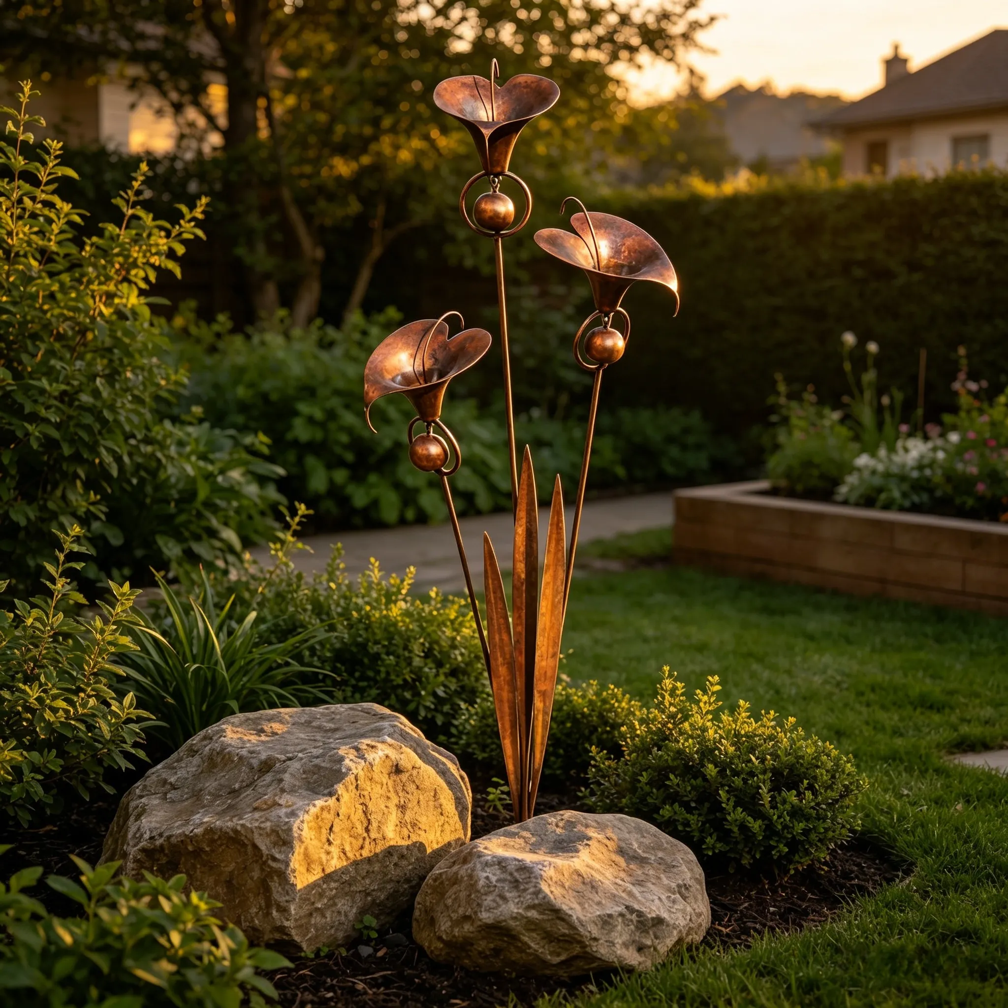 Flamed Copper Three Calla Lilies Garden Stake with Bells, 28" Handcrafted Outdoor Yard Art