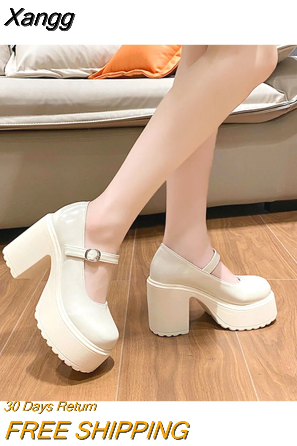 Xangg White Mary Janes Super Thick High Heels Platforms Pumps for Women Casual Spring Summer Shallow Party Chunky Shoes Ladies