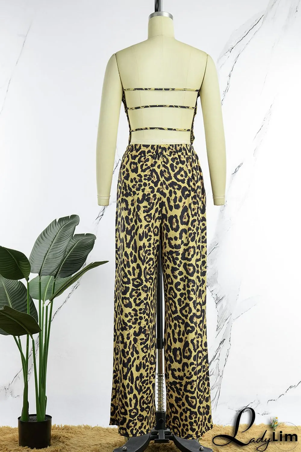 Leopard Print Sexy Print Leopard Patchwork Backless Strapless Straight Jumpsuits