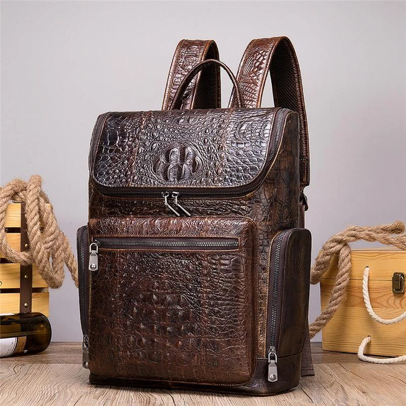 Mens Alligator Pattern Cow Leather Soft Back Flap Backpack