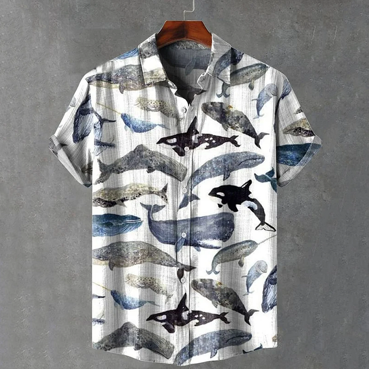 Men's Retro Whale Art Fish Shark Print Casual Short Sleeve Shirts