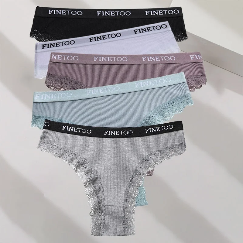 FINETOO 5PCS/Set M-XXL Cotton Panties Women's Letter Thong  Girls Brazilian Panty Sexy Lace Underwear For Woman Lingerie Bikini