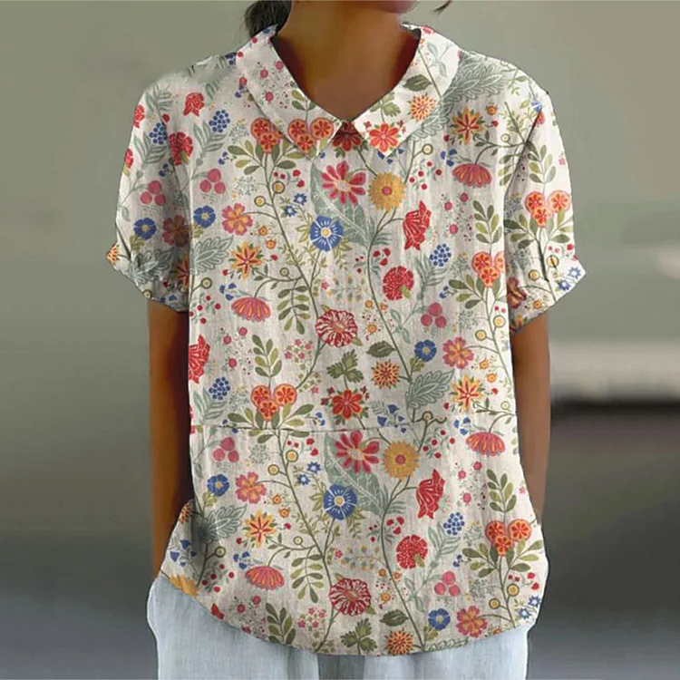 Women's Pastoral Floral Art Print Casual Cotton Linen Shirt