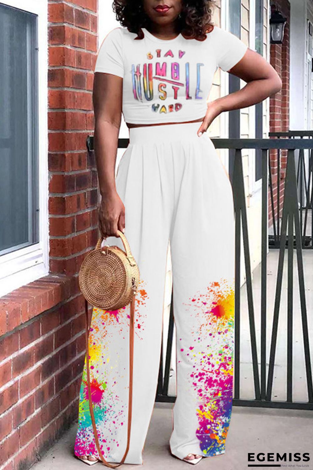 White Fashion Casual Print Basic O Neck Short Sleeve Two Pieces | EGEMISS