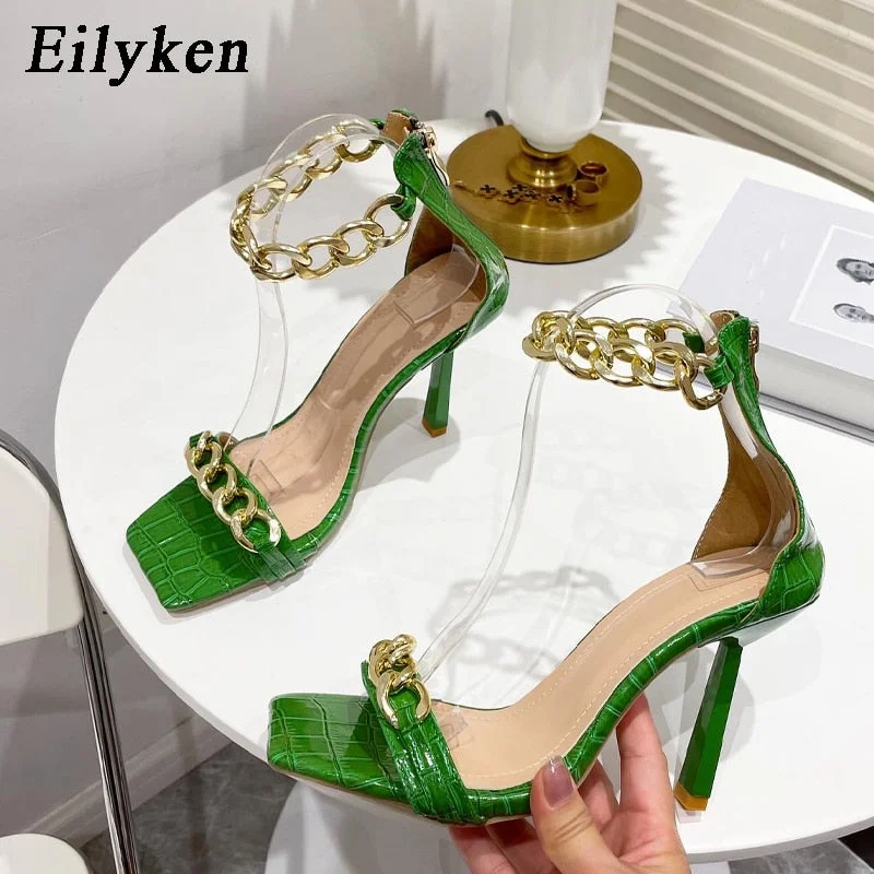 Eilyken New Women Sandals Summer Square Toe Thin High Heels Female Fashion Chain Designer Strap Party Dress Shoes Size 41 Green