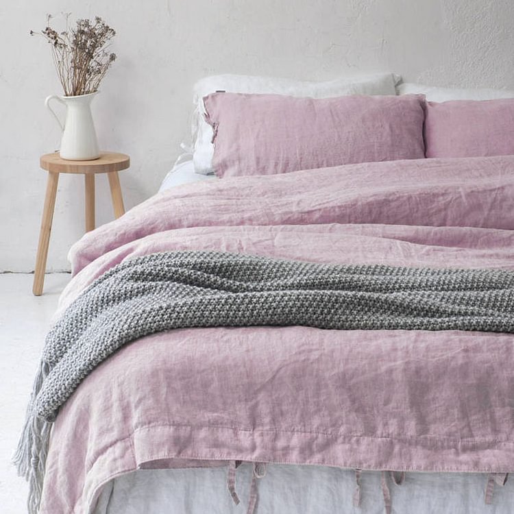 Pink 100% Flax  Linen Duvet Cover Set Ties Closure Style-ChouChouHome