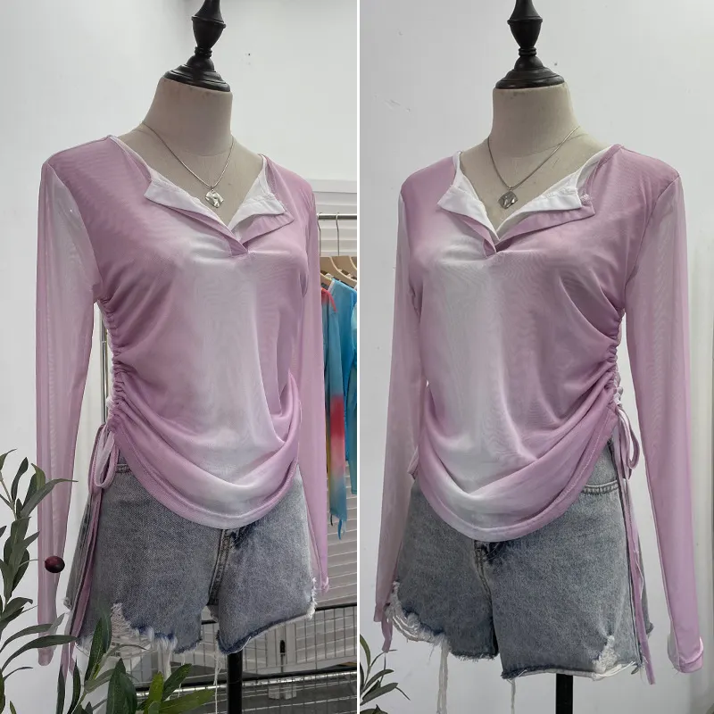 Churchf Fake Two Sunscreen Long-Sleeved T-Shirt Women Autumn Design Dizzling Drawstring Folding Short Top 9938