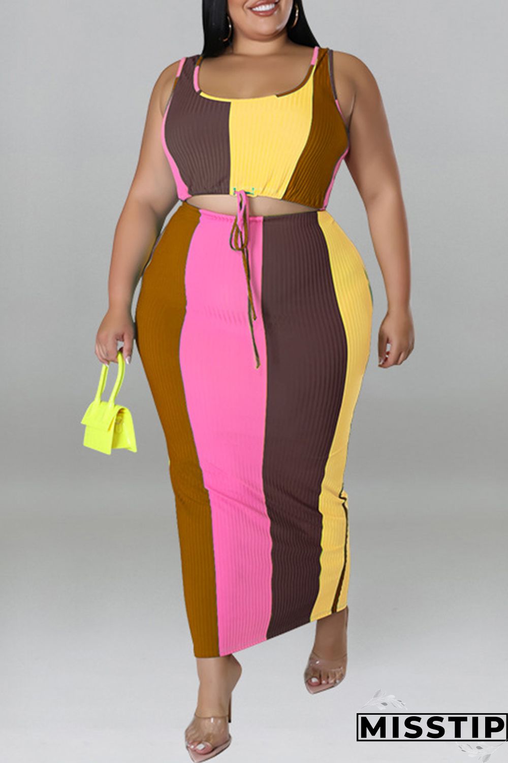 Blue Fashion Casual Striped Print Patchwork Contrast U Neck Plus Size Two Piece Set