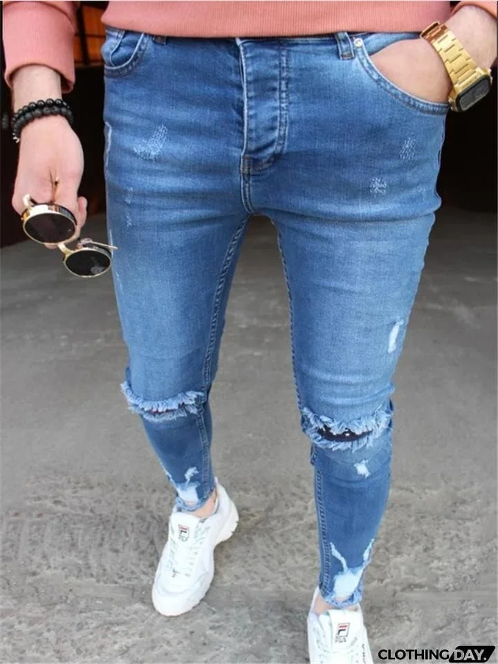 Slightly-Stretchy Ripped Design Classic Pocket Skinny Washed Ankle Jeans