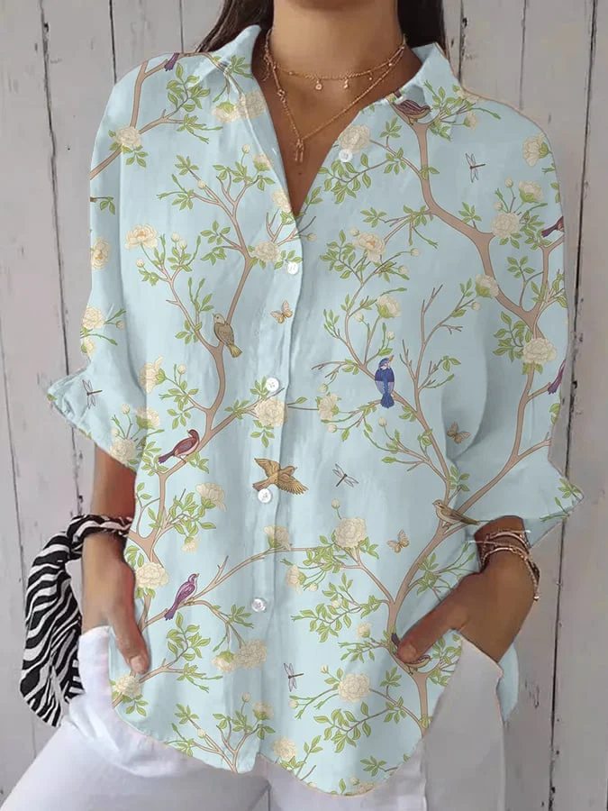 Women's Casual Retro Floral Cotton And Linen Shirt 