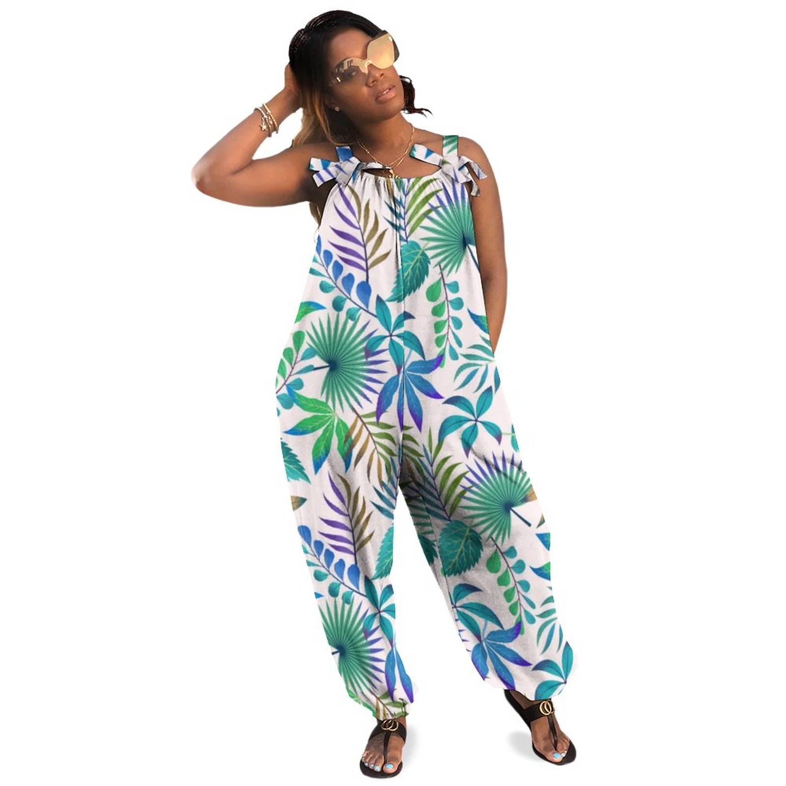 Tropical Leaves Pattern Women Plus Size Jumpsuit Summer Loose Harem Pants Spaghetti Strap Bodycon Jumpsuit Hippie Style Casual Long Length Polyester Spandex