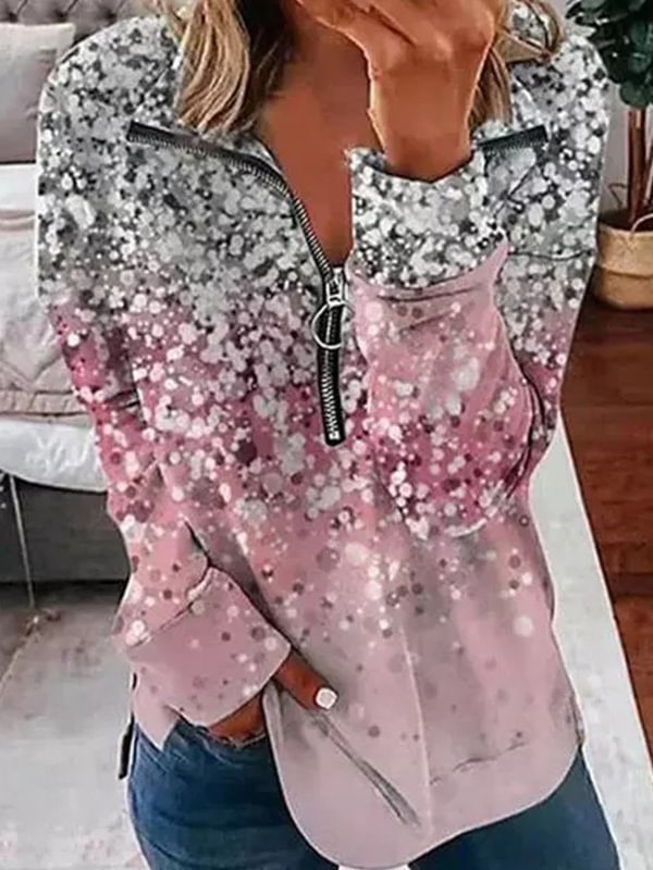 Pink Glitter Print Long Sleeve Zipper Sweatshirt