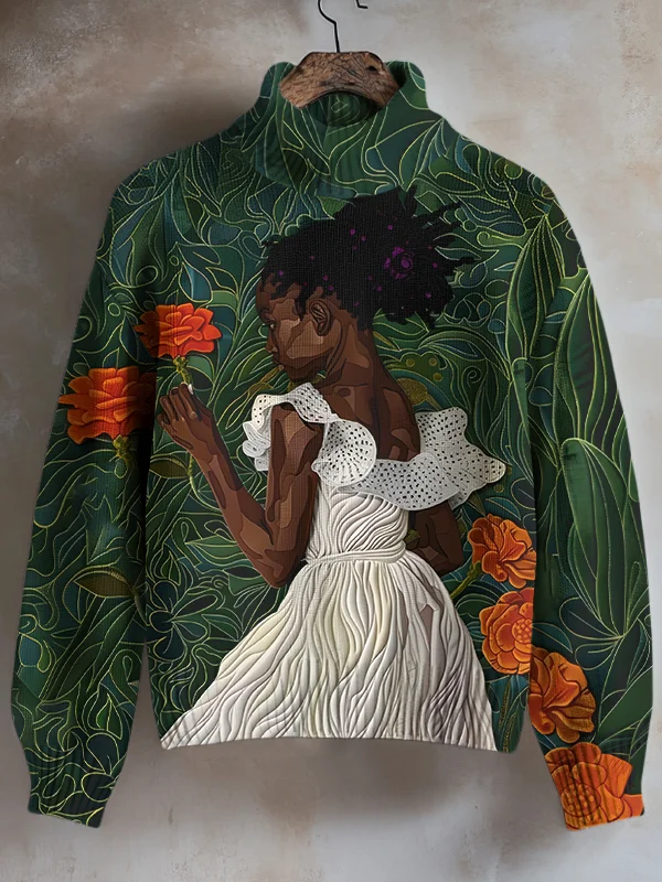 Women's Girl And Flowers Print High Neck Knit Sweatshirt