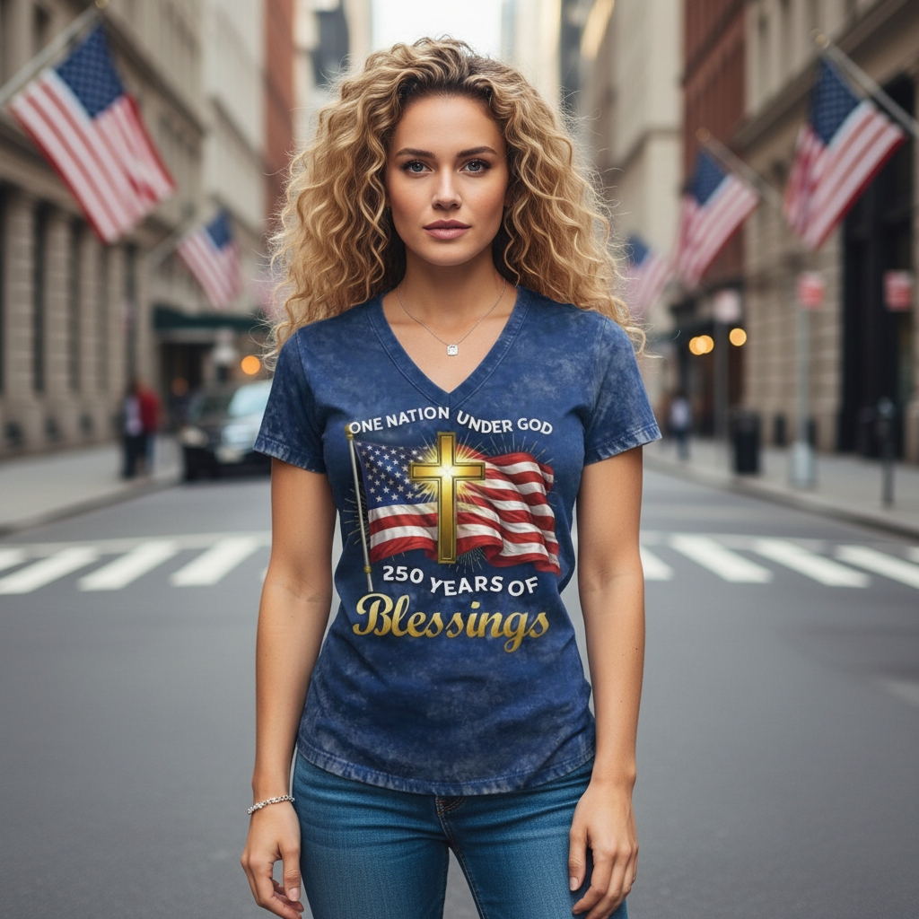 Women's Vintage American Flag 250th Anniversary Print Casual V-neck Short Sleeve T-Shirt - Helixace