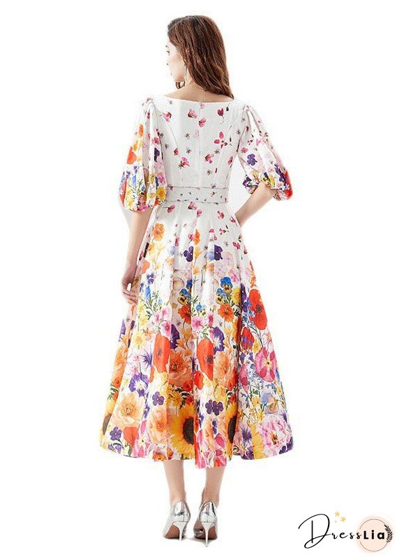 French White V Neck Print Sashes Patchwork Chiffon Dresses Lantern Sleeve