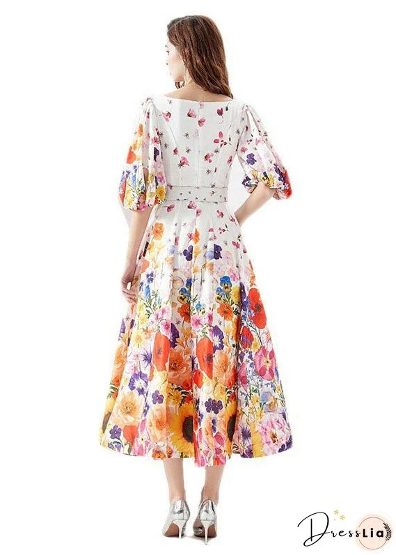 French White V Neck Print Sashes Patchwork Chiffon Dresses Lantern Sleeve