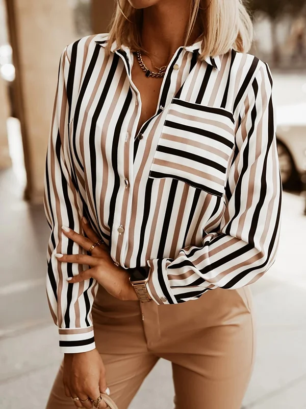Buttoned Contrast Color Pockets Striped Long Sleeves Loose Lapel Blouses&Shirts Tops