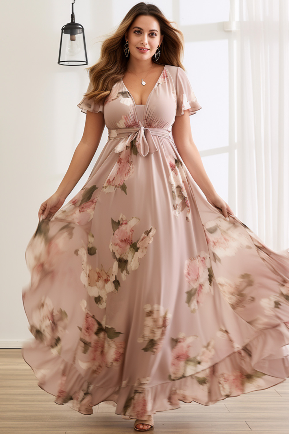 Flycurvy Plus Size Everyday Dusty Rose Chiffon Floral Print Flutter Sleeve Maxi Dress 2024 - Flycurvy 