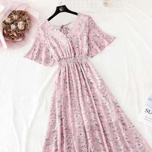 2020 Slim V Neck Summer Midi Long Dress Vestido Party Short sleeve Chiffon dress Women Casual Elegant print A-Line Vestidos