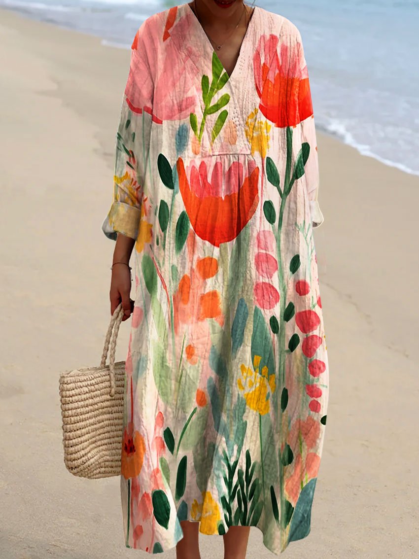 Women's Vintage Floral Art Print Flowy Dress