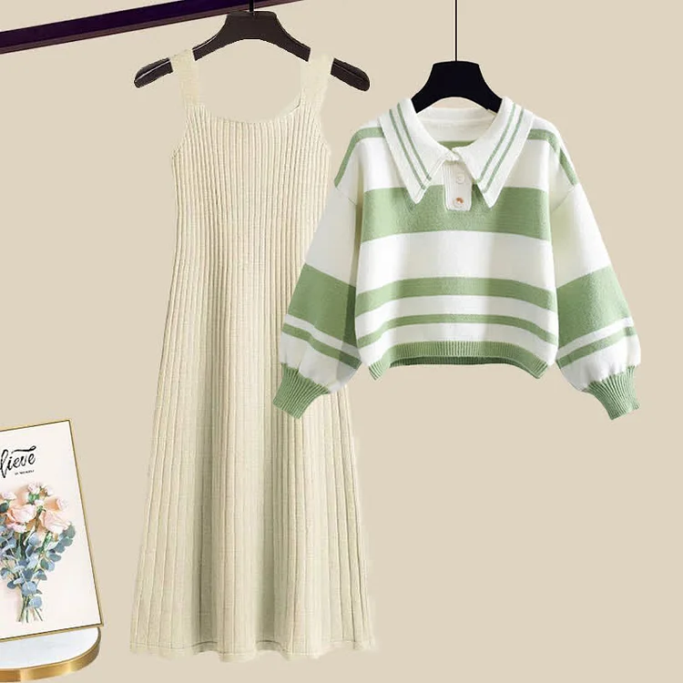 Stripe Colorblock Sweater Slip Dress Two Pieces Set - Modakawa modakawa