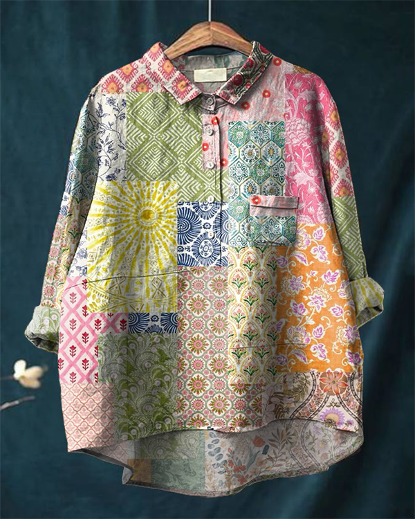 Women's Retro Stitching Floral Print Casual Cotton and Linen Shirt