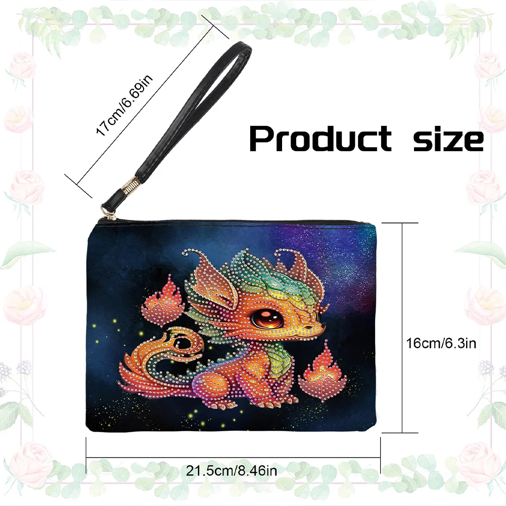 DIY Fire Dinosaur PU Partial Special Shaped Diamond Painting Wallet Makeup Bag