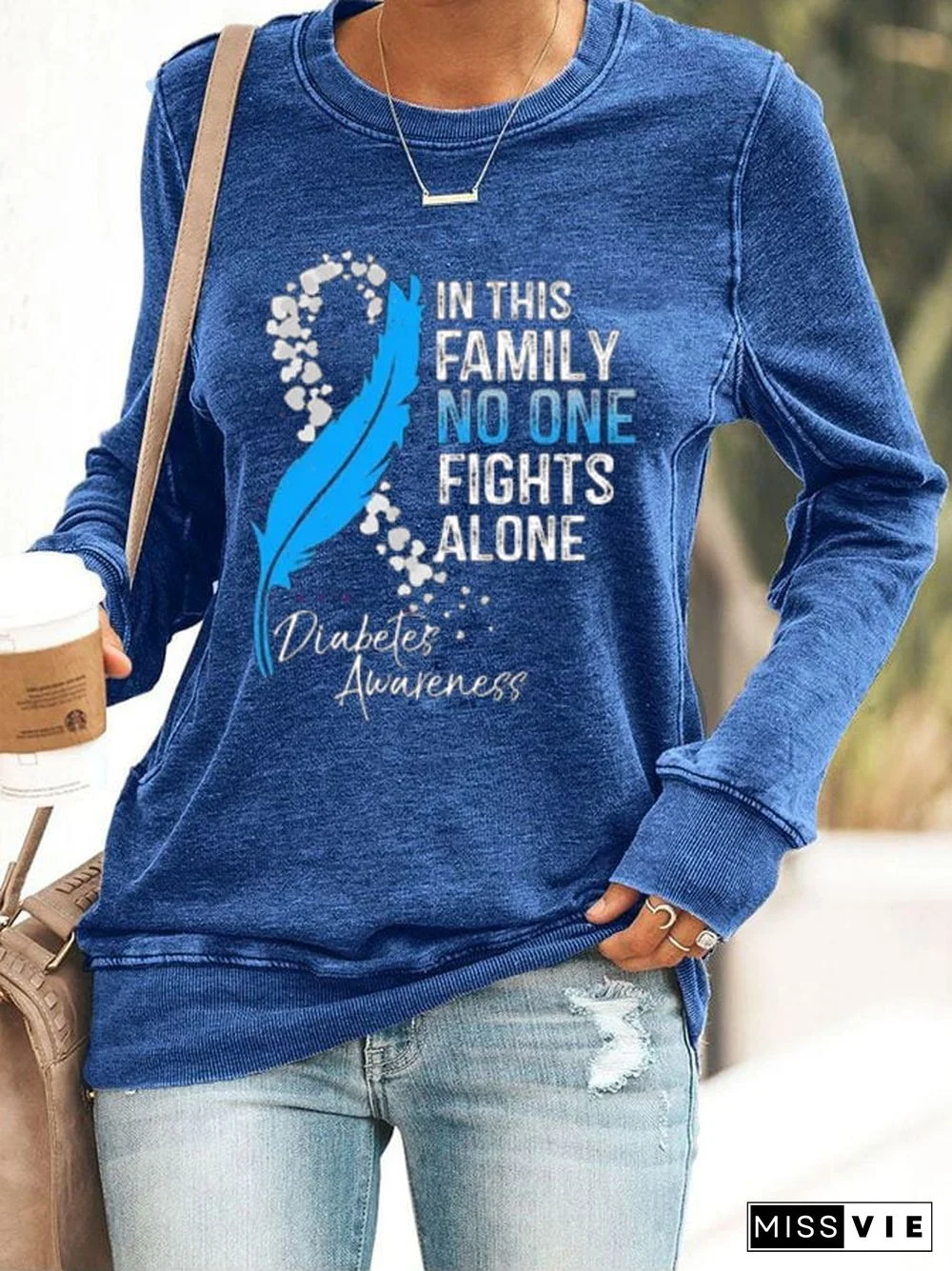 Women's In This Family No One Fights Alone Diabetes Awareness Print Casual Sweatshirt