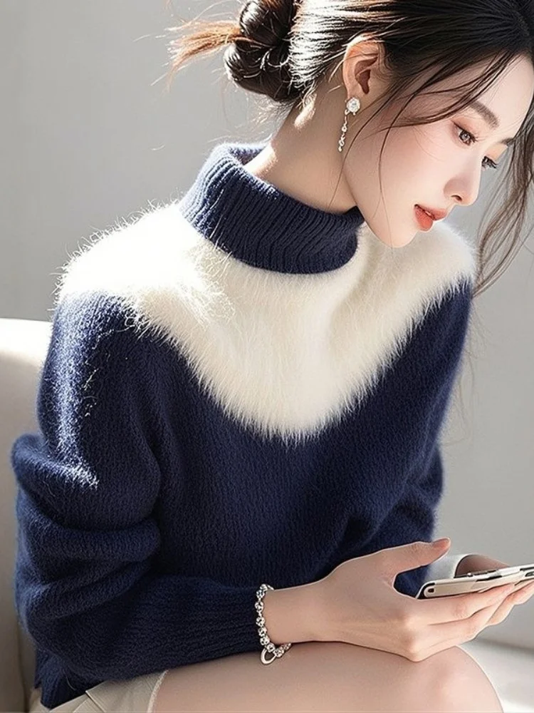 Athvotar Athvotar And White Imitation Sting Velvet Sweater Women 2025 Winter New High-End Feeling Super-Good-Looking Half-High Collar Top Knitted Shirt