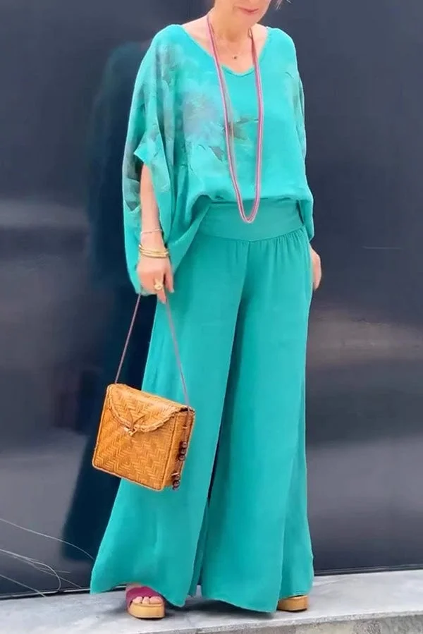 Floral Print V-Neck Loose Top with Wide-Leg Pants and Elastic Waist 