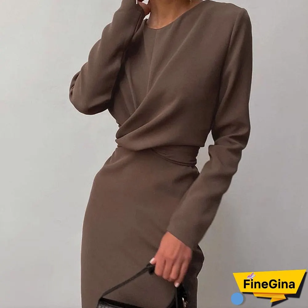 Elegant Solid Twist Midi Dress For Women O-neck Long sleeve Bodycon Pencil Partywear