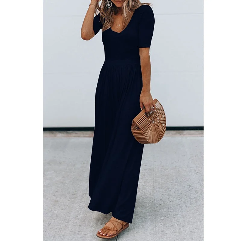Women's New Round Neck Short Sleeve Long Jumpsuit