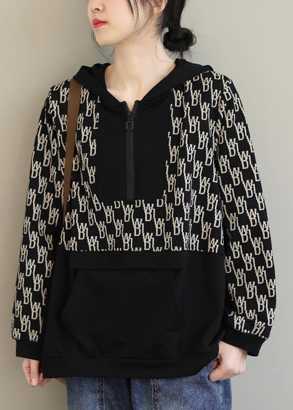 VCSHOES Black Print Tunics For Women Hooded Pockets Spring Tops