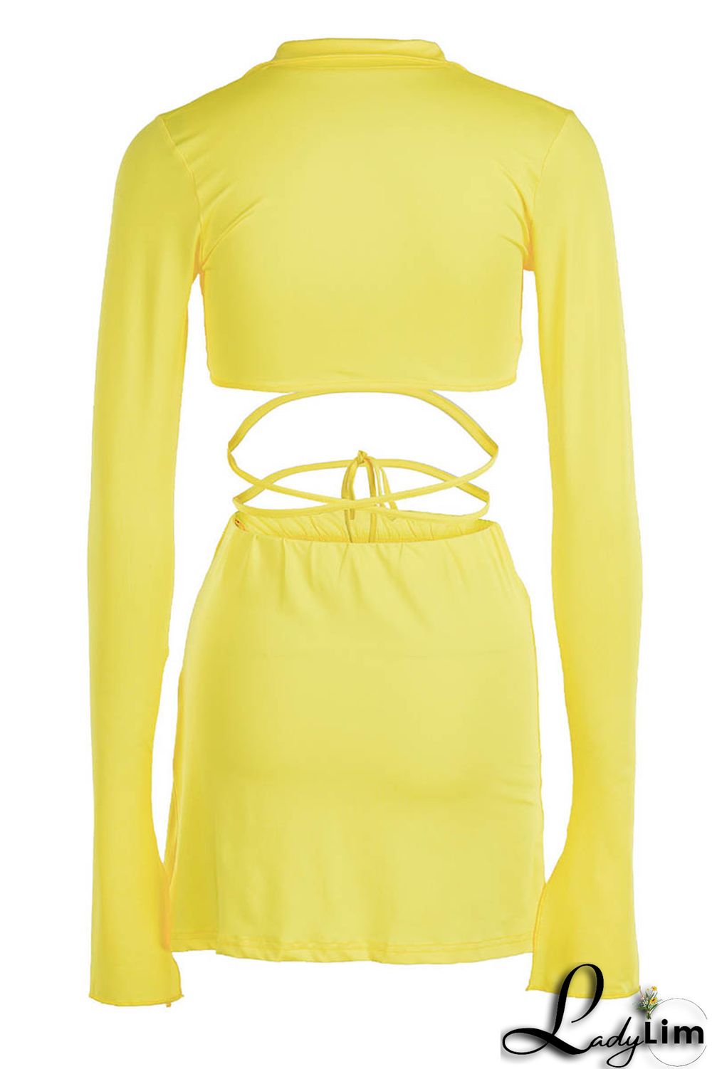 Yellow Fashion Sexy Solid Bandage Slit V Neck Long Sleeve Two Pieces