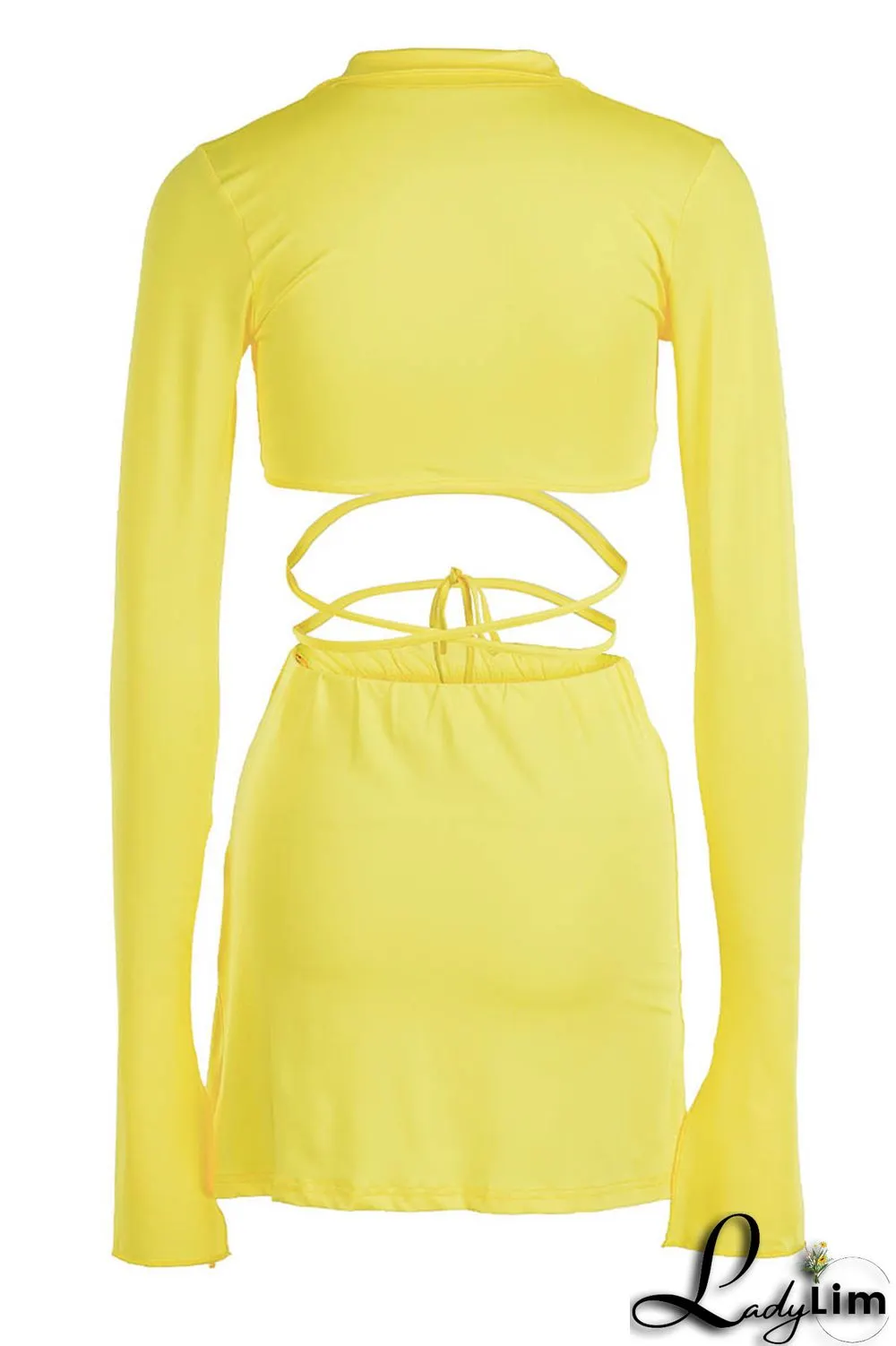 Yellow Fashion Sexy Solid Bandage Slit V Neck Long Sleeve Two Pieces