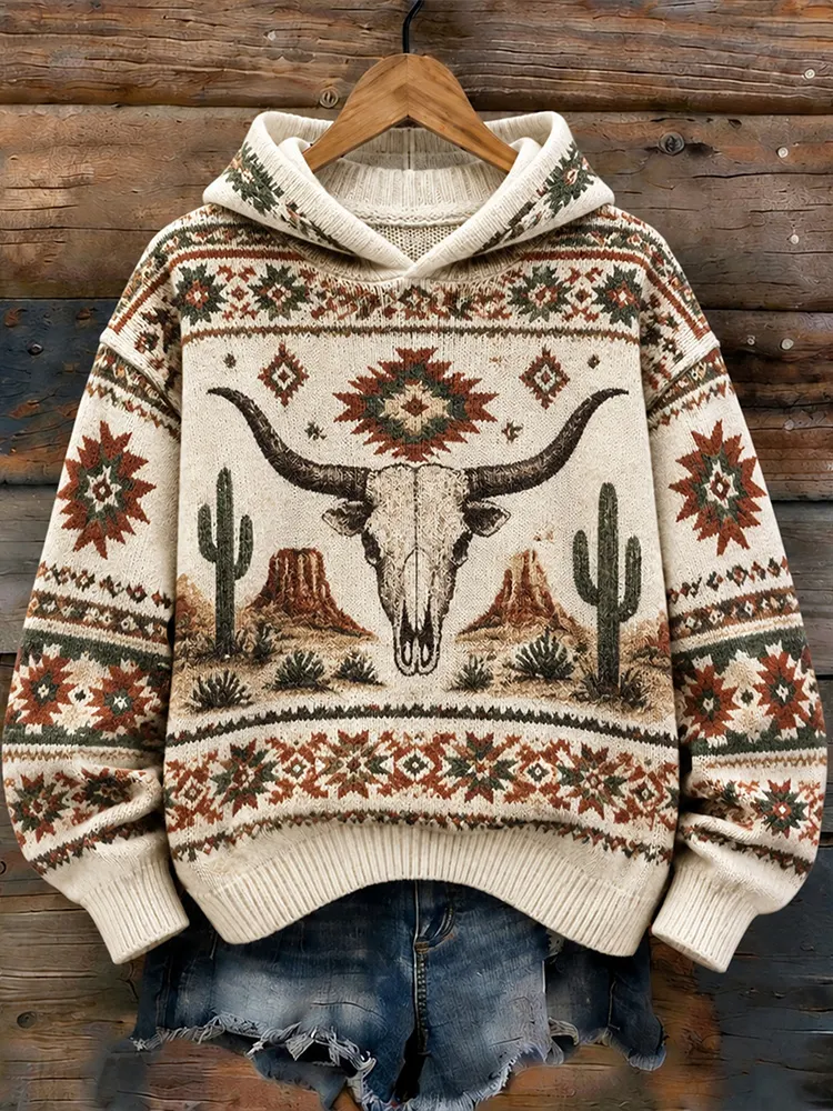 Comstylish Women's Western Longhorn Skull Cactus Knit Sweater