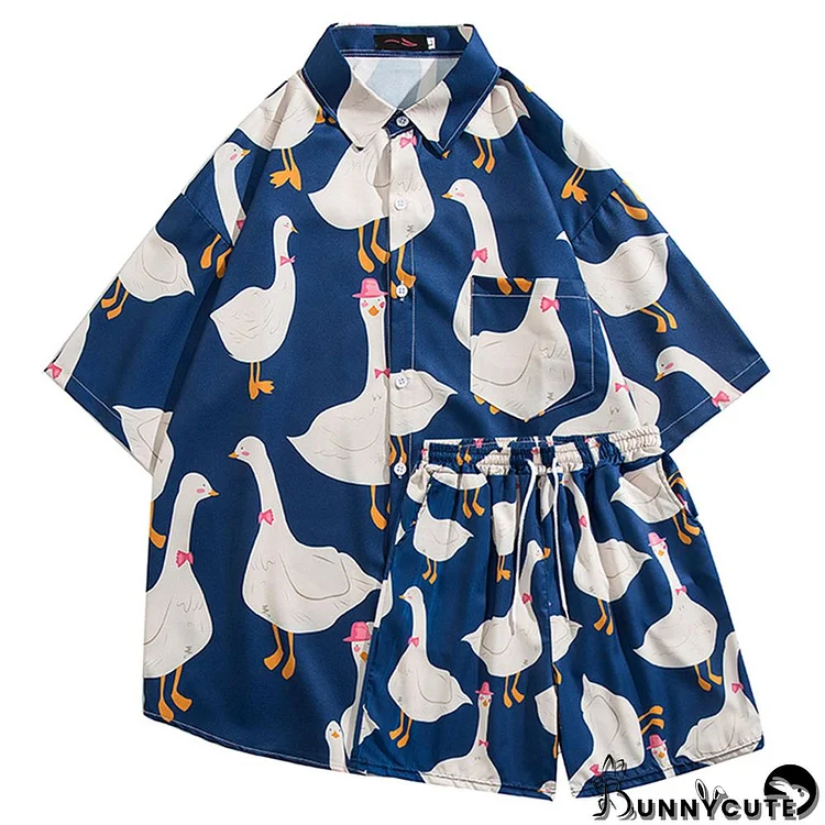 Cartoon Goose Print Loose T-Shirt Shorts Set