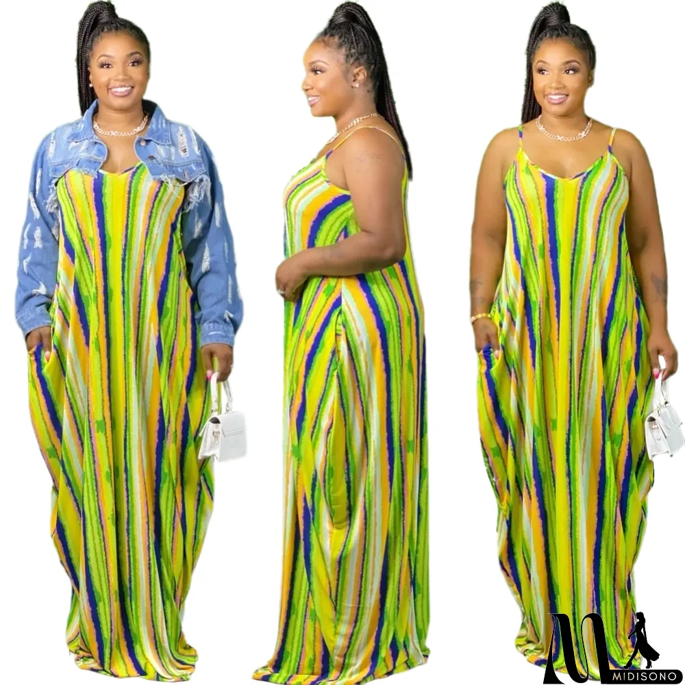 MidiSono - Summer African Colorful Stripes Strap Long Dress