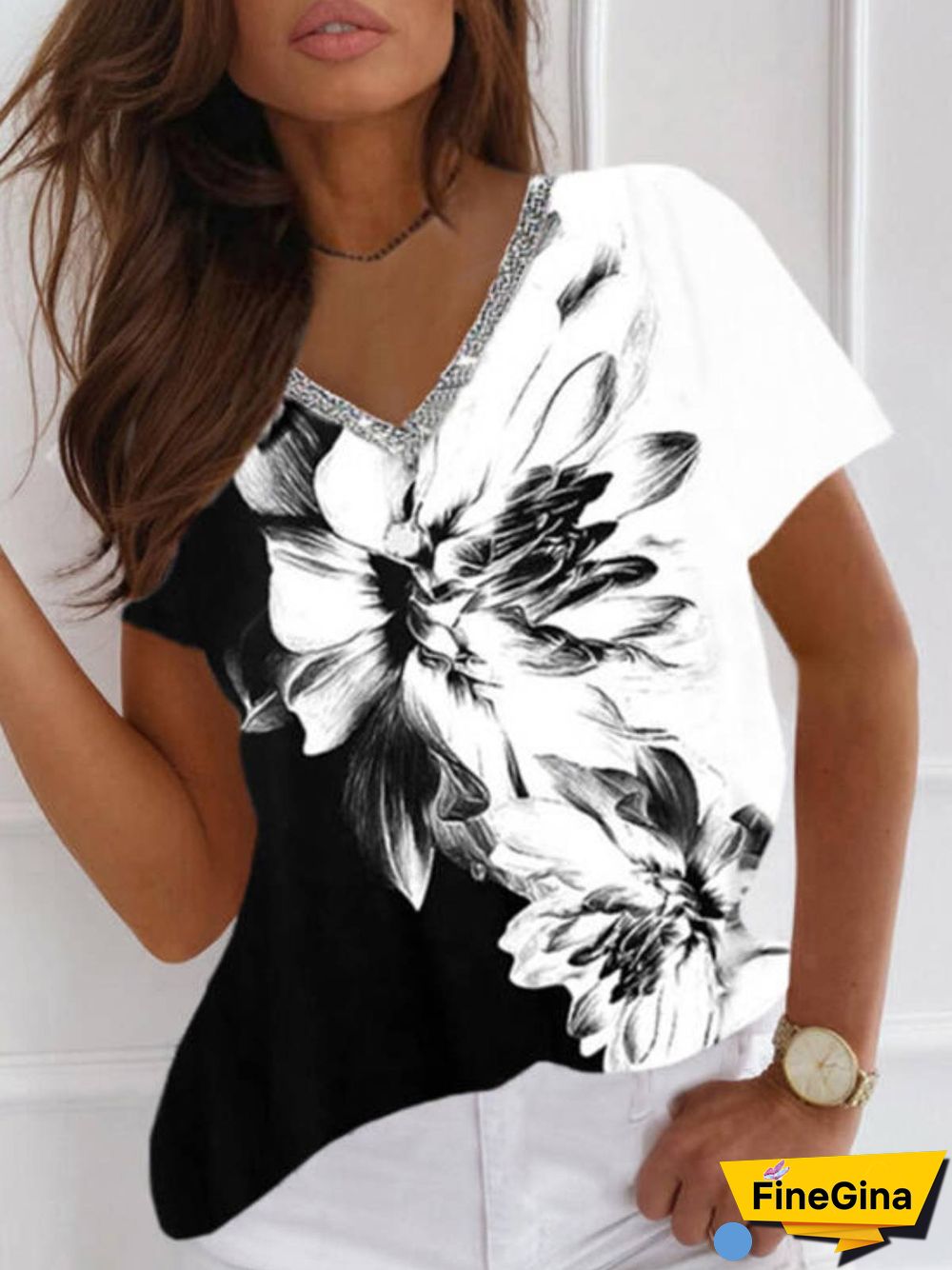 V Neck Casual Cotton Blends Short Sleeve T-Shirt