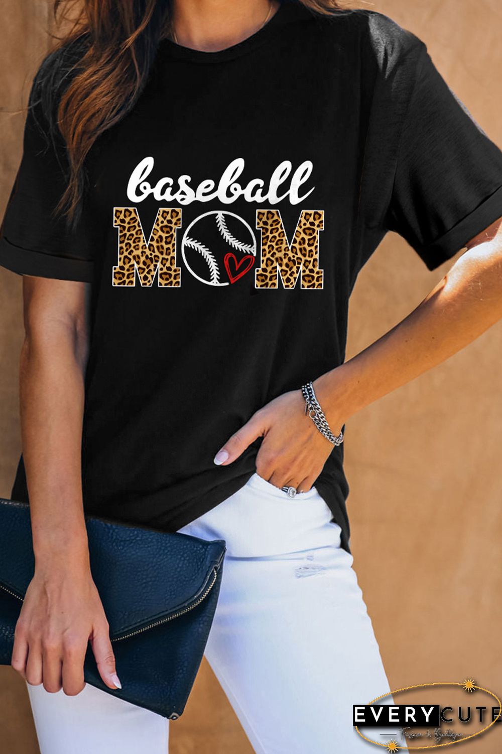 Black Casual Mama Letter Print Leopard Graphic Tee