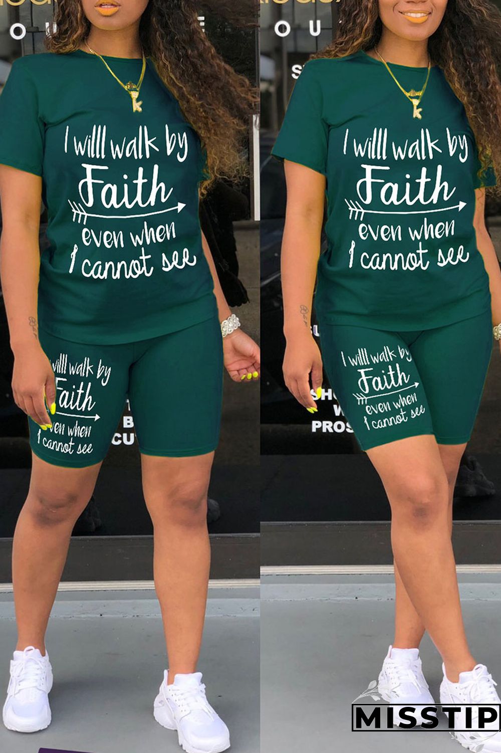 Ink Green Casual Print Patchwork O Neck Short Sleeve Two Pieces